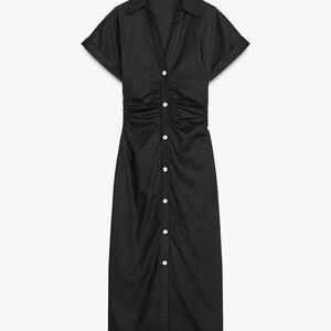 Zara Black Linen Midi Dress with Buttons